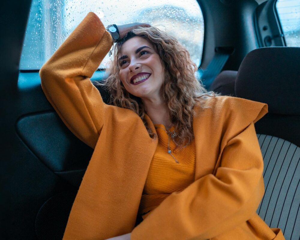 Woman wearing burnt orange monocrome outfit